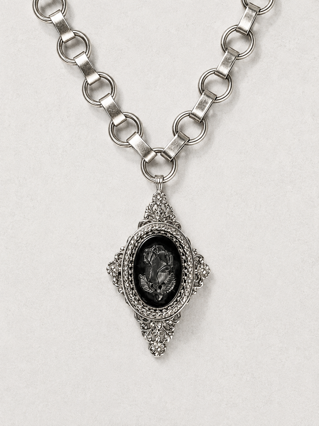 Archive Chain No. 004 — Whiting & Davis Black Rose Cameo Pendant