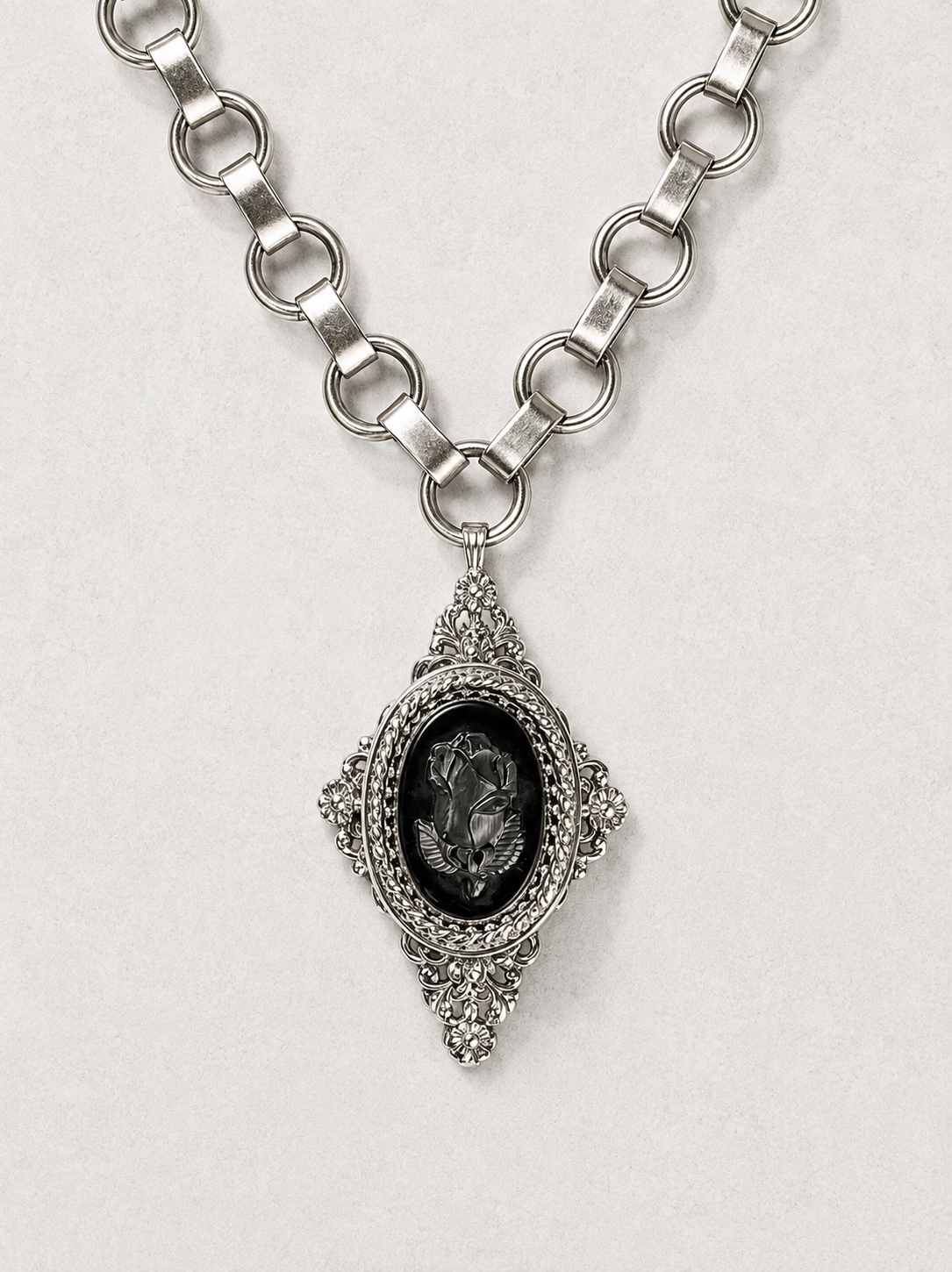 Archive Chain No. 004 — Whiting & Davis Black Rose Cameo Pendant
