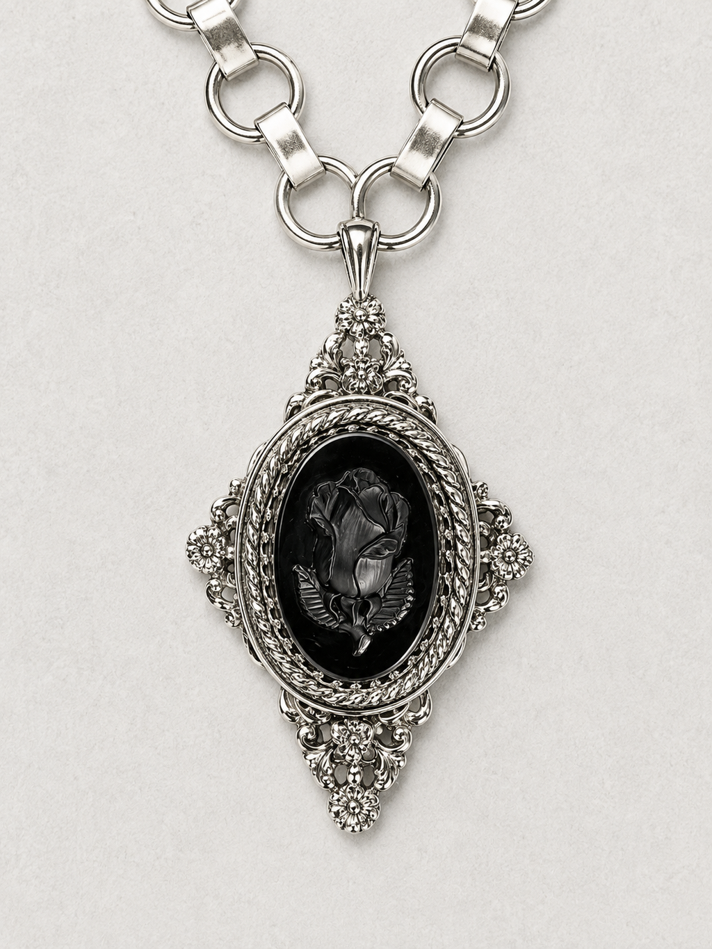 Archive Chain No. 004 — Whiting & Davis Black Rose Cameo Pendant