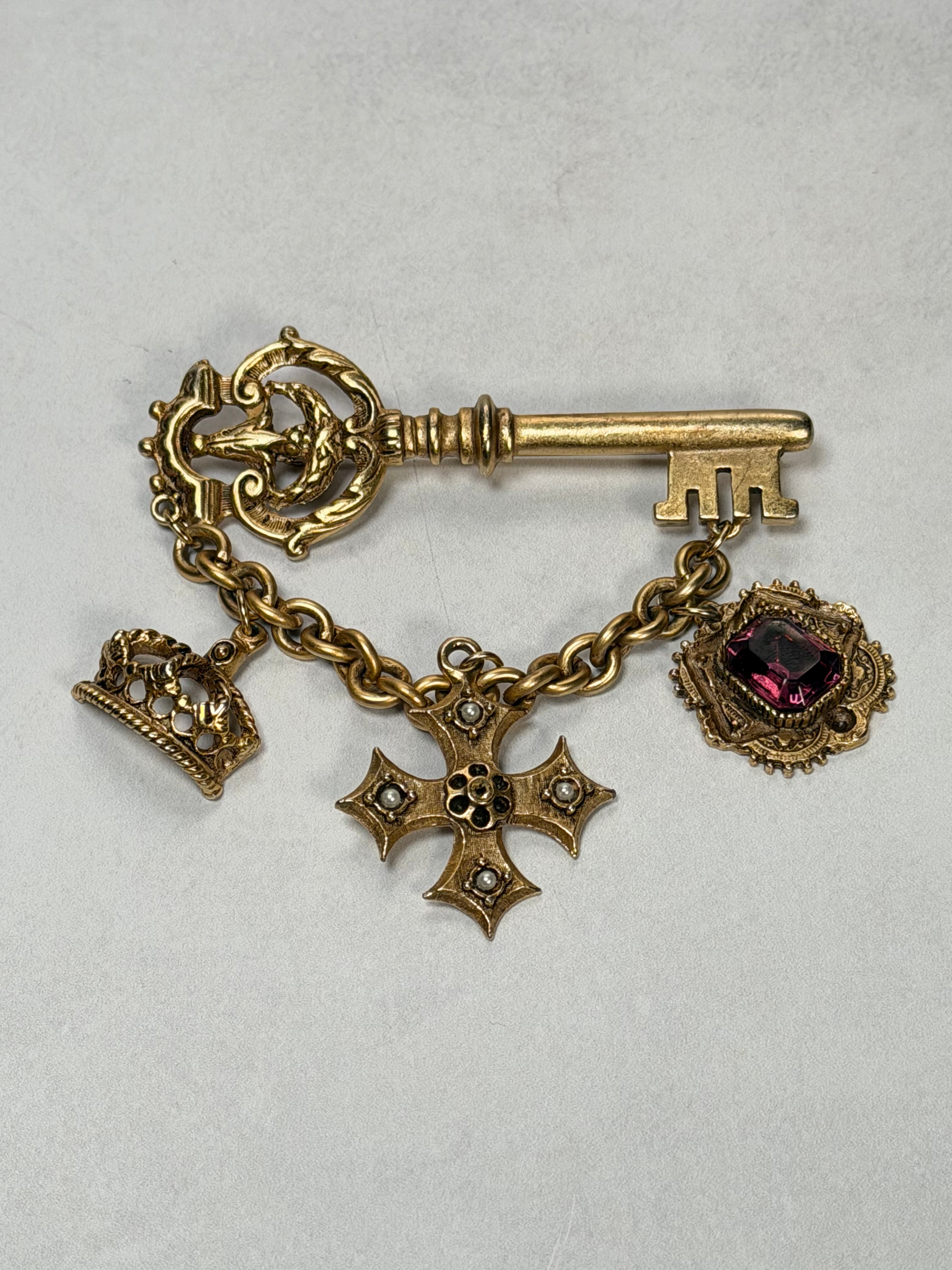Chatelaine Skeleton Key Maltese Cross Brooch