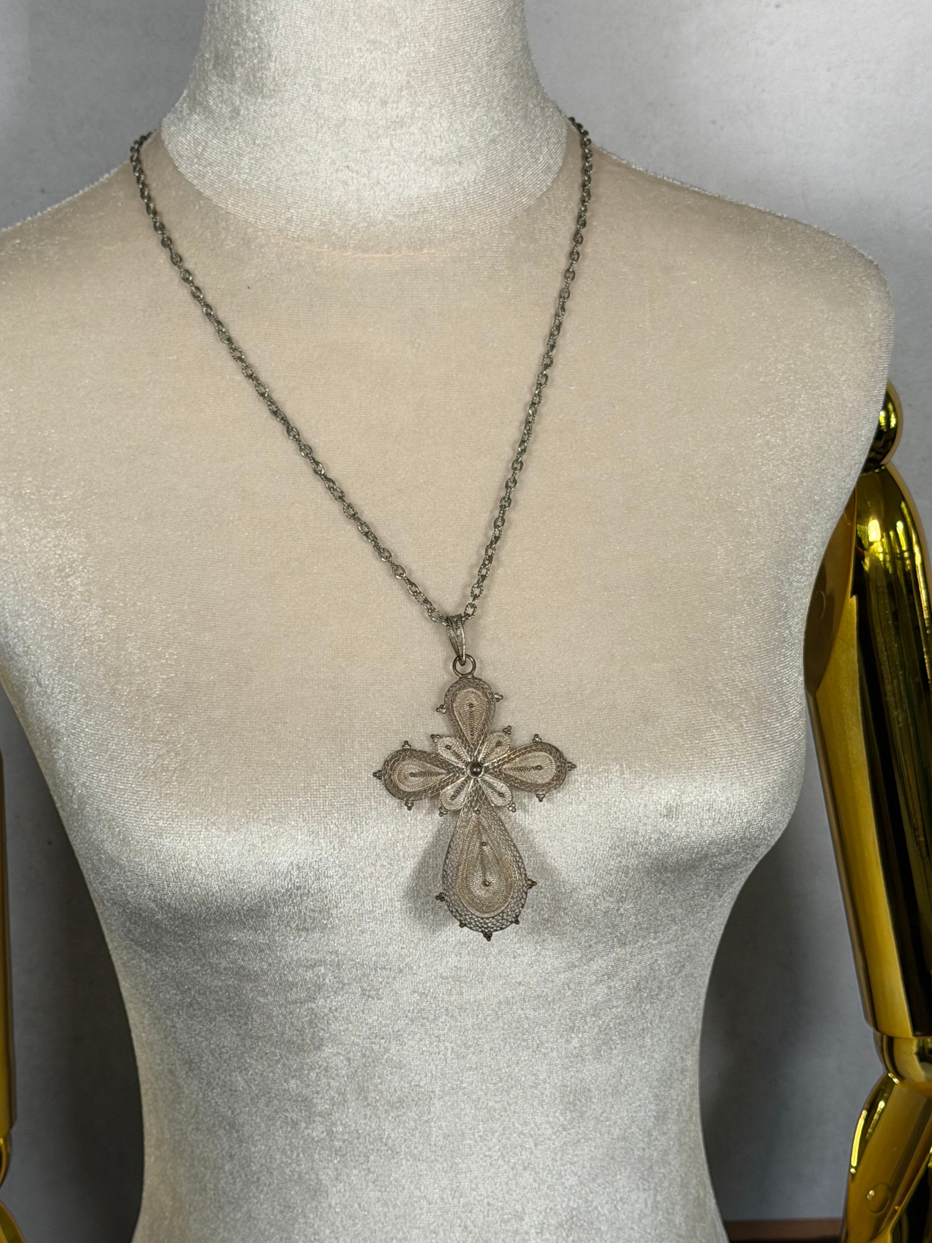 Large Silver Filigree Cross Necklace